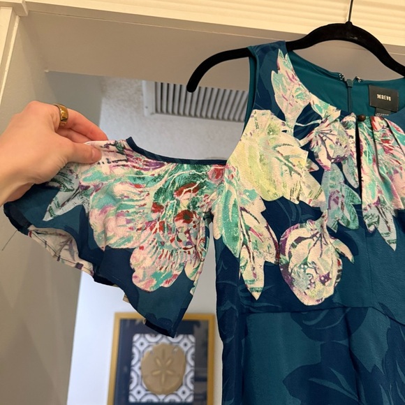Maeve Anthropologie Floral Cold Shoulder Teal Midi Length Dress Sz 4 Modest - Picture 3 of 14
